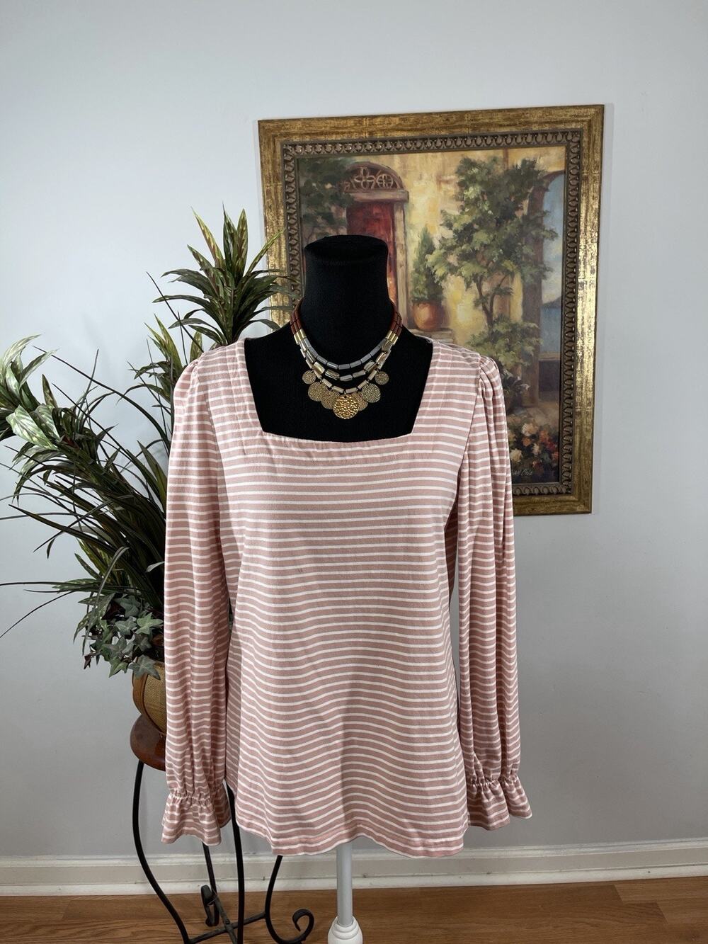 Zesica Womens M Pink White Stripe Square Neck Puff Sleeve Knit Blouse Top
